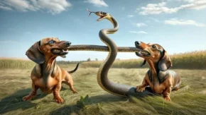رویارویی مرگبار مار با دو سگ سوسیس+ فیلم