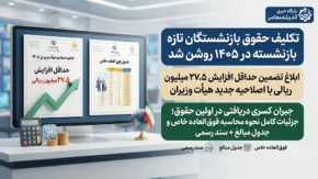 تکلیف حقوق بازنشستگان تازه‌ بازنشسته در ۱۴۰۵ روشن شد | ابلاغ تضمین حداقل افزایش ۲۷.۵ میلیون ریالی با اصلاحیه جدید هیأت وزیران / جبران کسری دریافتی در اولین حقوق؛ جزئیات کامل نحوه محاسبه فوق العاده خاص و جدول مبالغ + سند رسمی