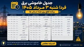جدول خاموشی برق فردا شنبه ۳ مرداد ۱۴۰۵ همه استان ها | ساعت قطعی برق مناطق مختلف اعلام شد + روش استعلام