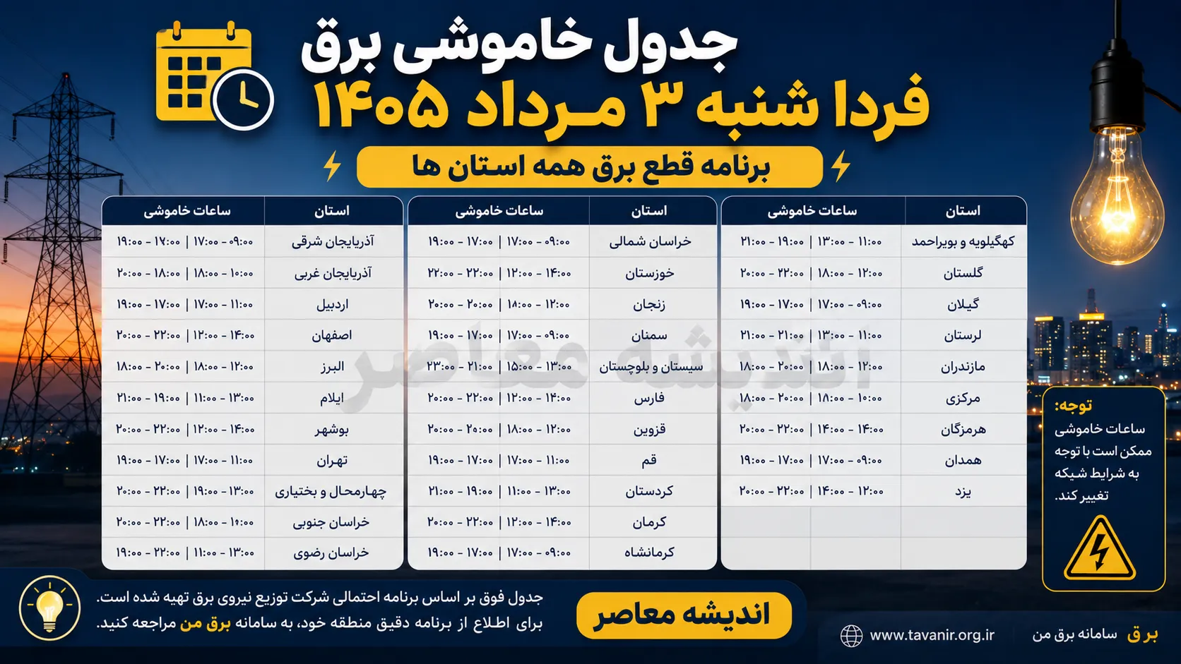 جدول خاموشی برق فردا شنبه ۳ مرداد ۱۴۰۵ همه استان ها | ساعت قطعی برق مناطق مختلف اعلام شد + روش استعلام