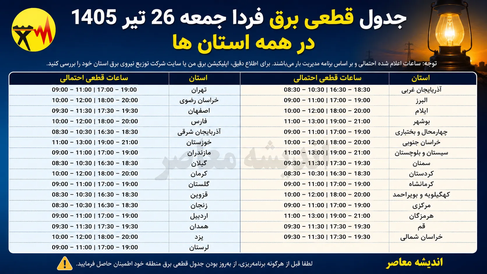 جدول قطعی برق فردا جمعه ۲۶ تیر ۱۴۰۵ در همه استان ها | ساعت خاموشی برق اعلام شد؟ | برنامه مدیریت مصرف برق