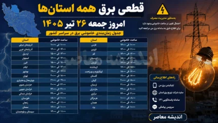 جدول قطعی برق همه استان ها امروز جمعه ۲۶ تیر ۱۴۰۵ | ساعت خاموشی برق اعلام شد؟ | برنامه مدیریت مصرف برق استان ها