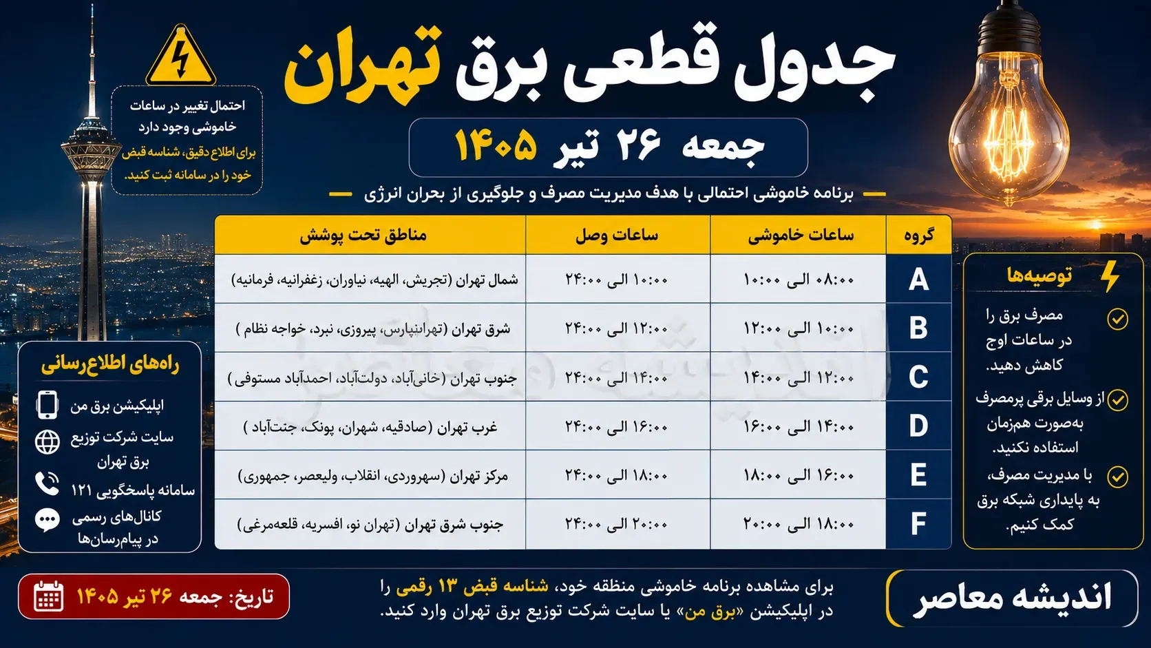 جدول قطعی برق امروز تهران جمعه ۲۶ تیر ۱۴۰۵ | ساعت خاموشی مناطق تهران اعلام شد؟ | نحوه استعلام زمان قطع برق