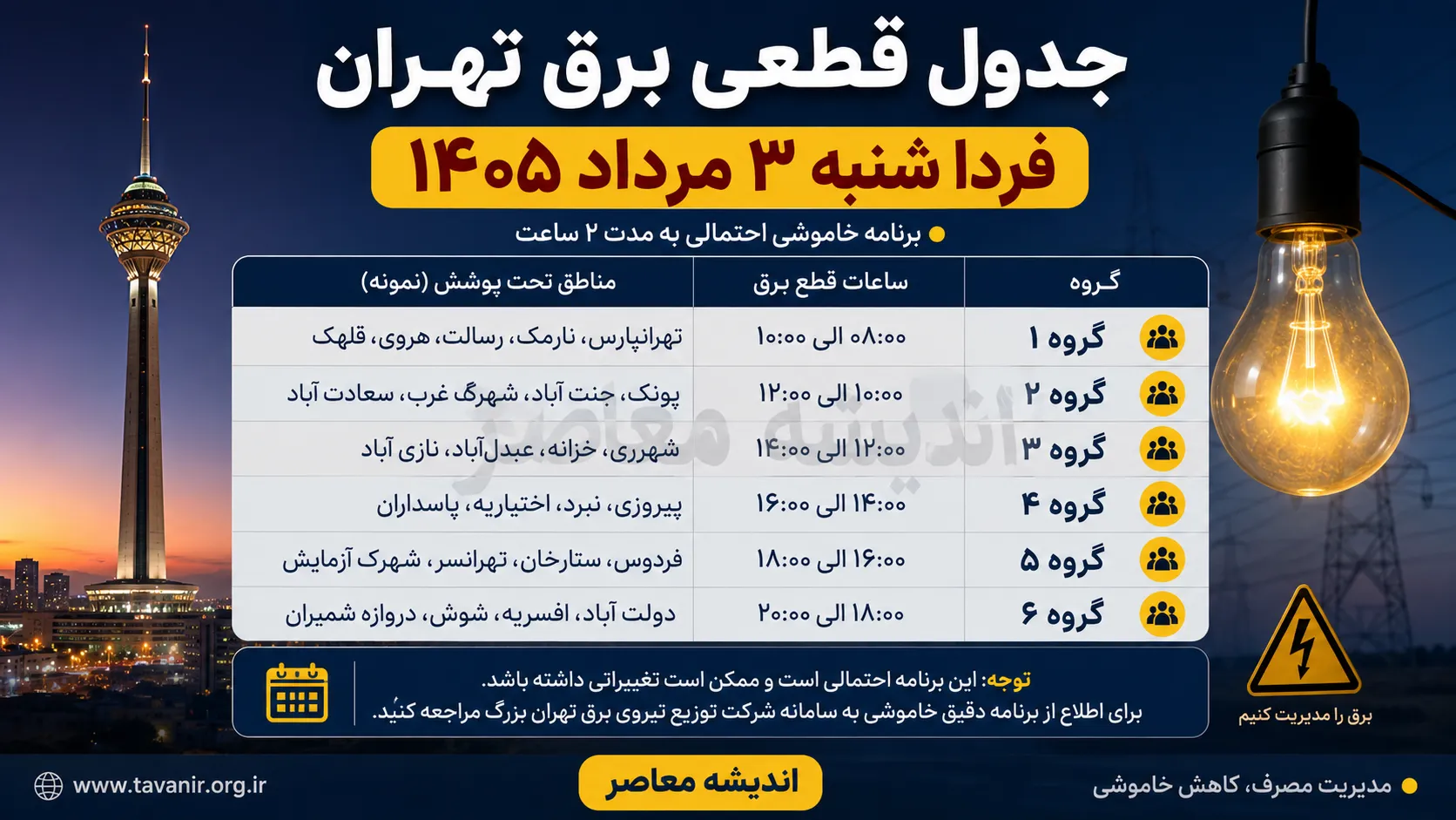 جدول قطعی برق تهران فردا شنبه ۳ مرداد ۱۴۰۵ | ساعت خاموشی مناطق تهران اعلام شد؟ | نحوه استعلام برنامه برق