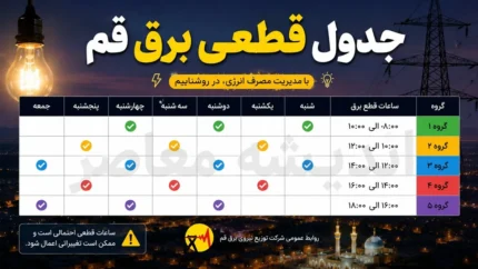 جدول قطعی برق قم فردا سه شنبه ۲۳ تیر ۱۴۰۵ | ساعت خاموشی مناطق قم | برنامه جدید مدیریت مصرف برق
