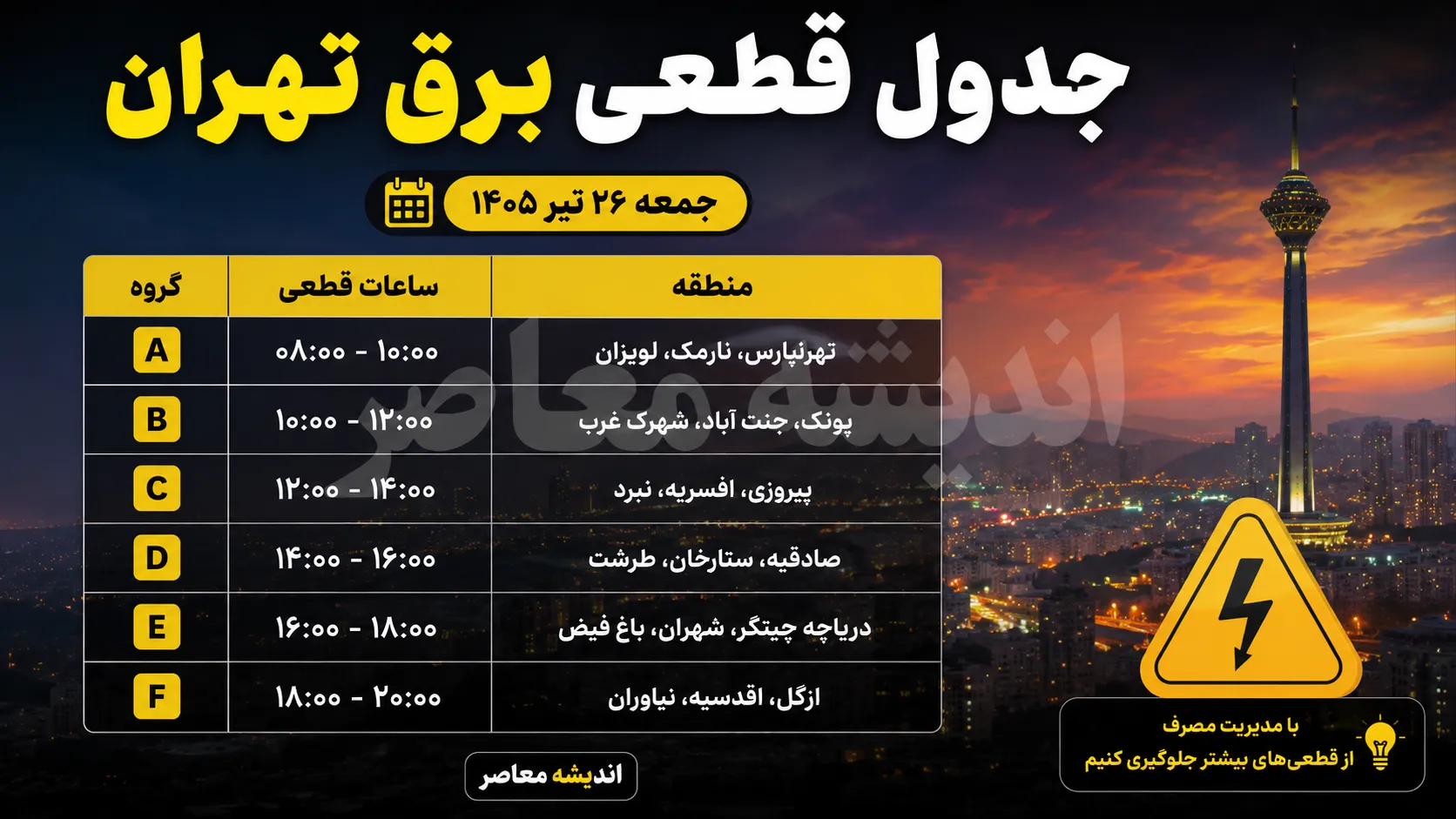 جدول قطعی برق فردا جمعه ۲۶ تیر ۱۴۰۵ در همه استان ها | ساعت خاموشی برق اعلام شد؟ | برنامه مدیریت مصرف برق