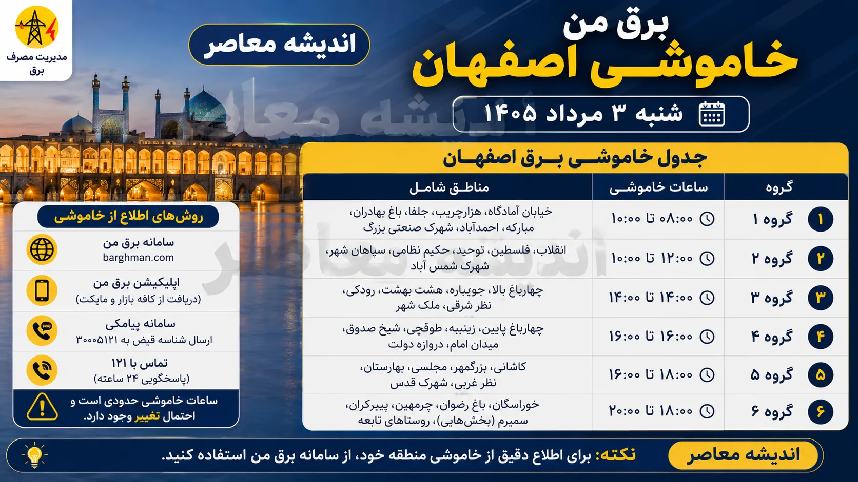 برق من خاموشی اصفهان | استعلام جدول قطعی برق اصفهان با کد ملی و شناسه قبض