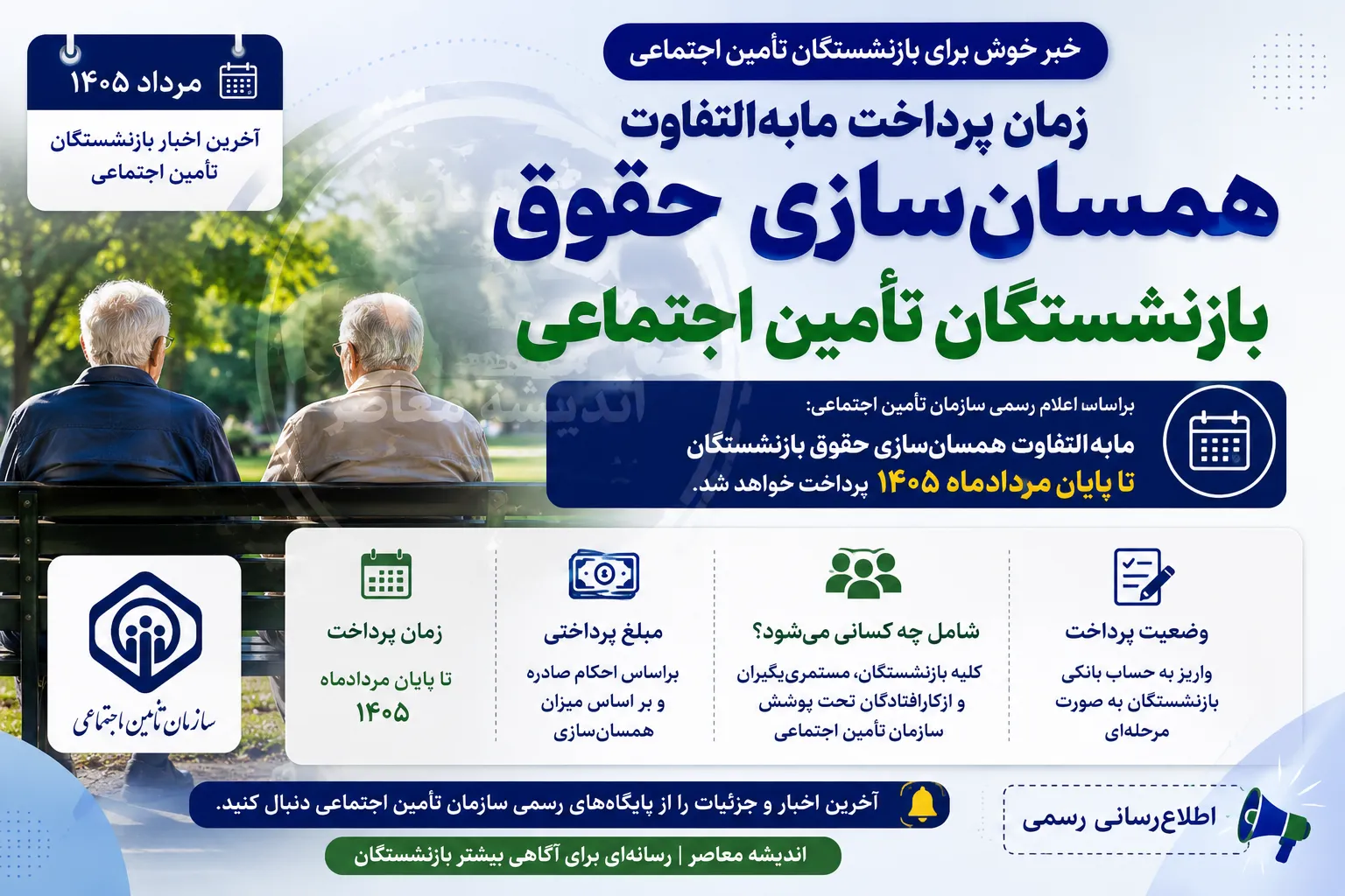 زمان پرداخت مابه التفاوت همسان سازی حقوق بازنشستگان تامین اجتماعی | زمان واریز مابه التفاوت همسان سازی حقوق بازنشستگان تامین اجتماعی در مرداد ۱۴۰۵ | آخرین خبر از معوقات همسان سازی بازنشستگان تامین اجتماعی