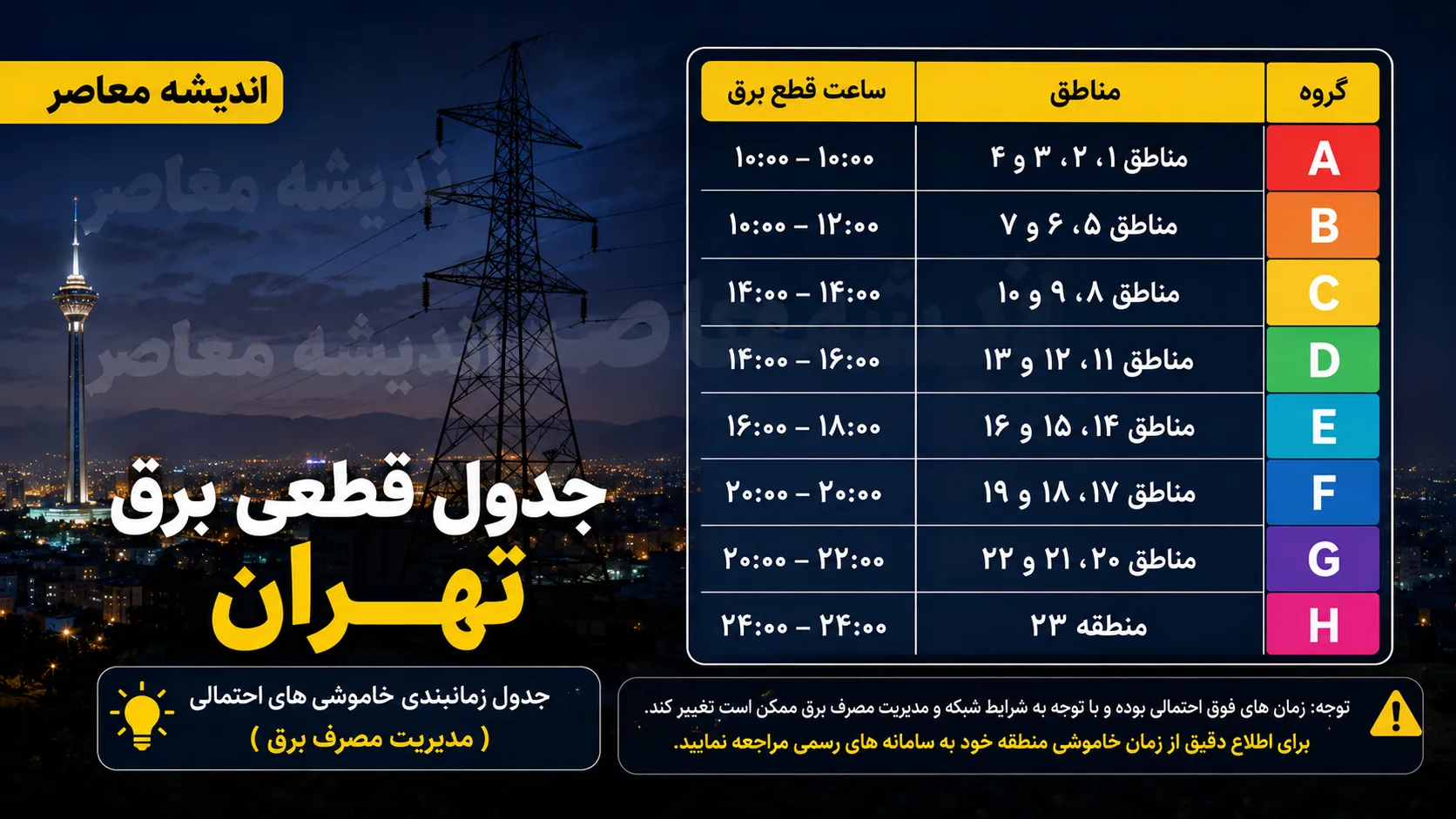 جدول قطعی برق تهران امروز چهارشنبه ۷ مرداد ۱۴۰۵ | ساعت خاموشی مناطق تهران | استعلام برنامه قطعی برق تهران
