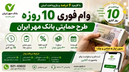 وام فوری ۱۰ روزه طرح حمایتی بانک مهر ایران | دریافت تا ۳۰۰ میلیون تومان با کارمزد کم + شرایط ثبت نام وام