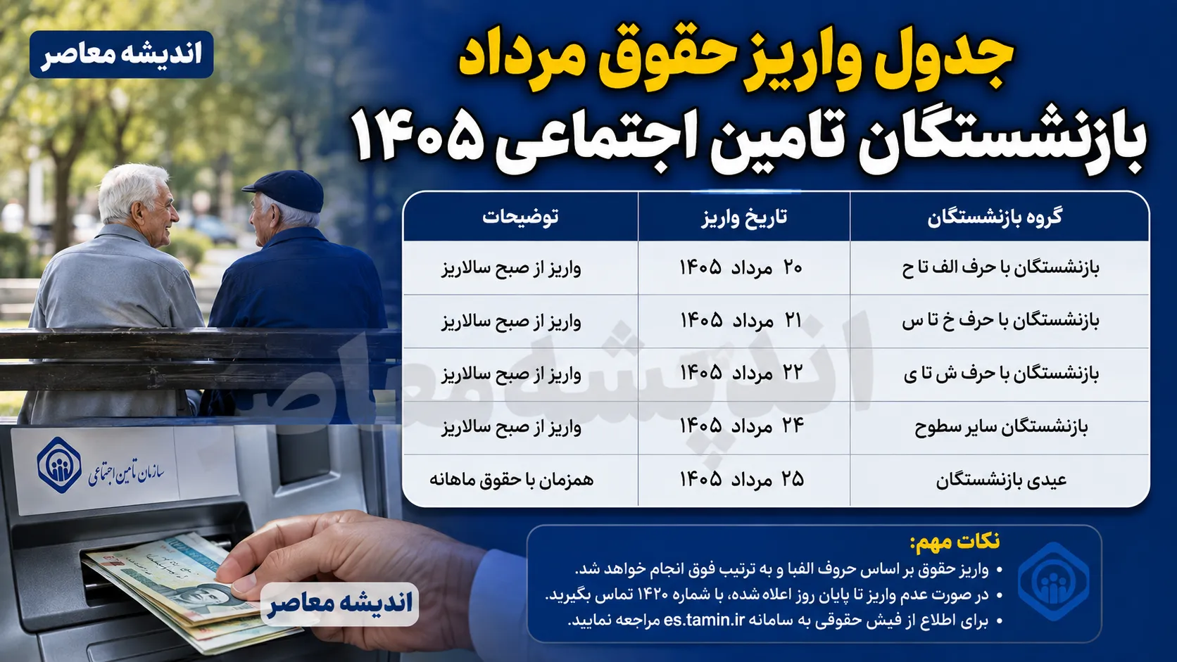 جدول واریز حقوق مرداد بازنشستگان تامین اجتماعی ۱۴۰۵ | زمان پرداخت حقوق مرداد اعلام شد