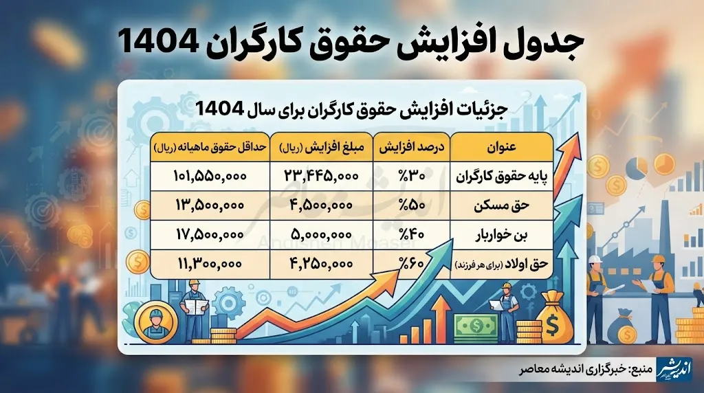 جدول افزایش حقوق کارگران ۱۴۰۵ | حداقل حقوق، مزایا و دریافتی کارگران چقدر شد؟